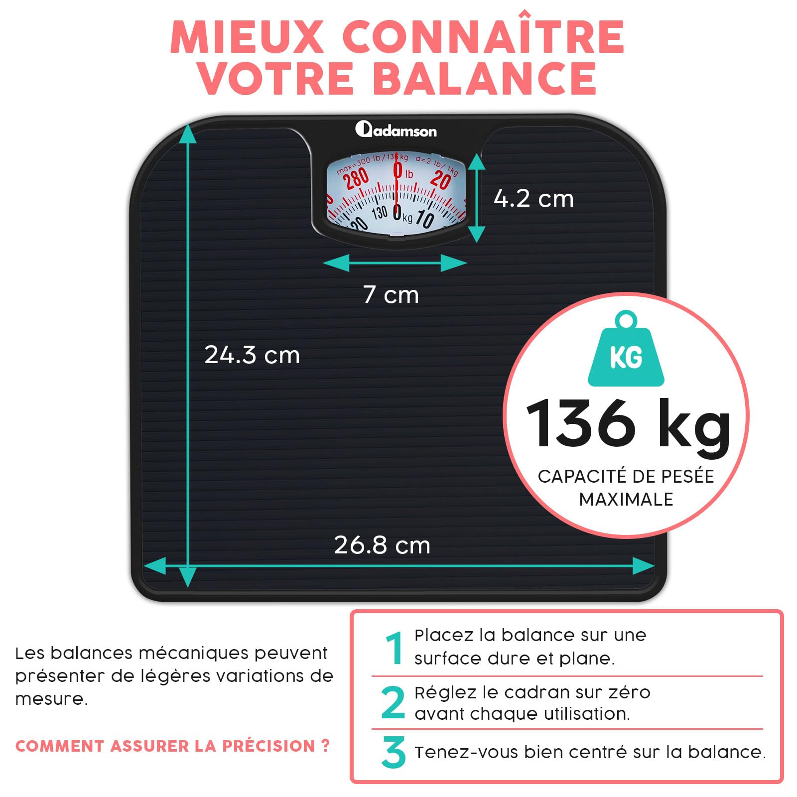 Adamson A21 Pese Personnes Mecanique Pour Poids Corporel- Jusqu’à 136 KG - Surface en Caoutchouc Antidérapant - Pese Personne Analogique - Durable 20 Ans de Protection - Noir Intégral