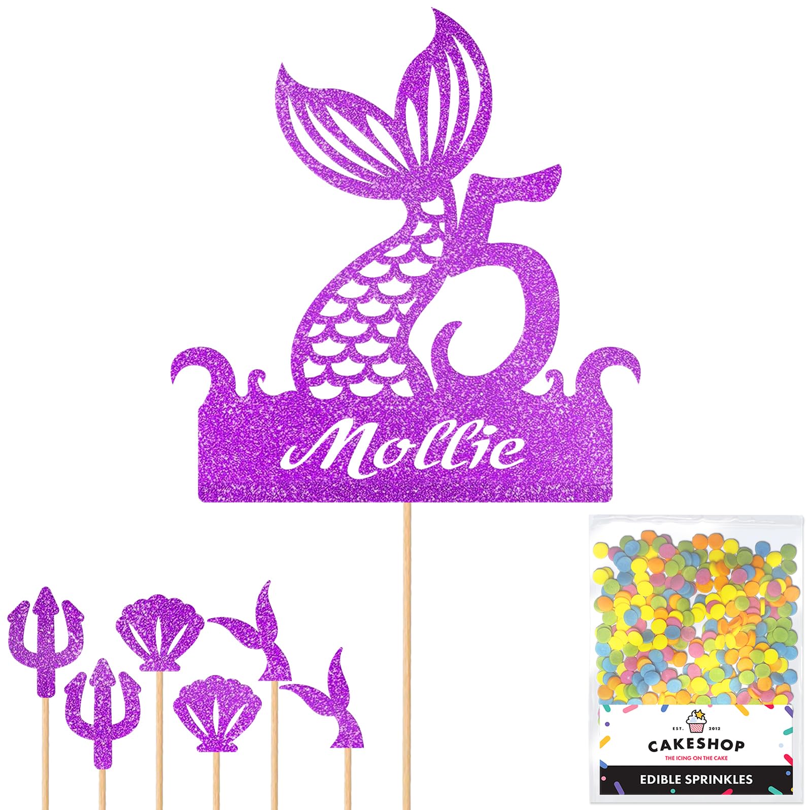 Personalised Birthday Mermaid Tail Glitter Cake Topper- Purple Any Custom Age & Name Glitter Cake Decoration and Sprinkles - Happy Birthday Decorations - Personalised Toppers for Cakes by Cakeshop — image 1