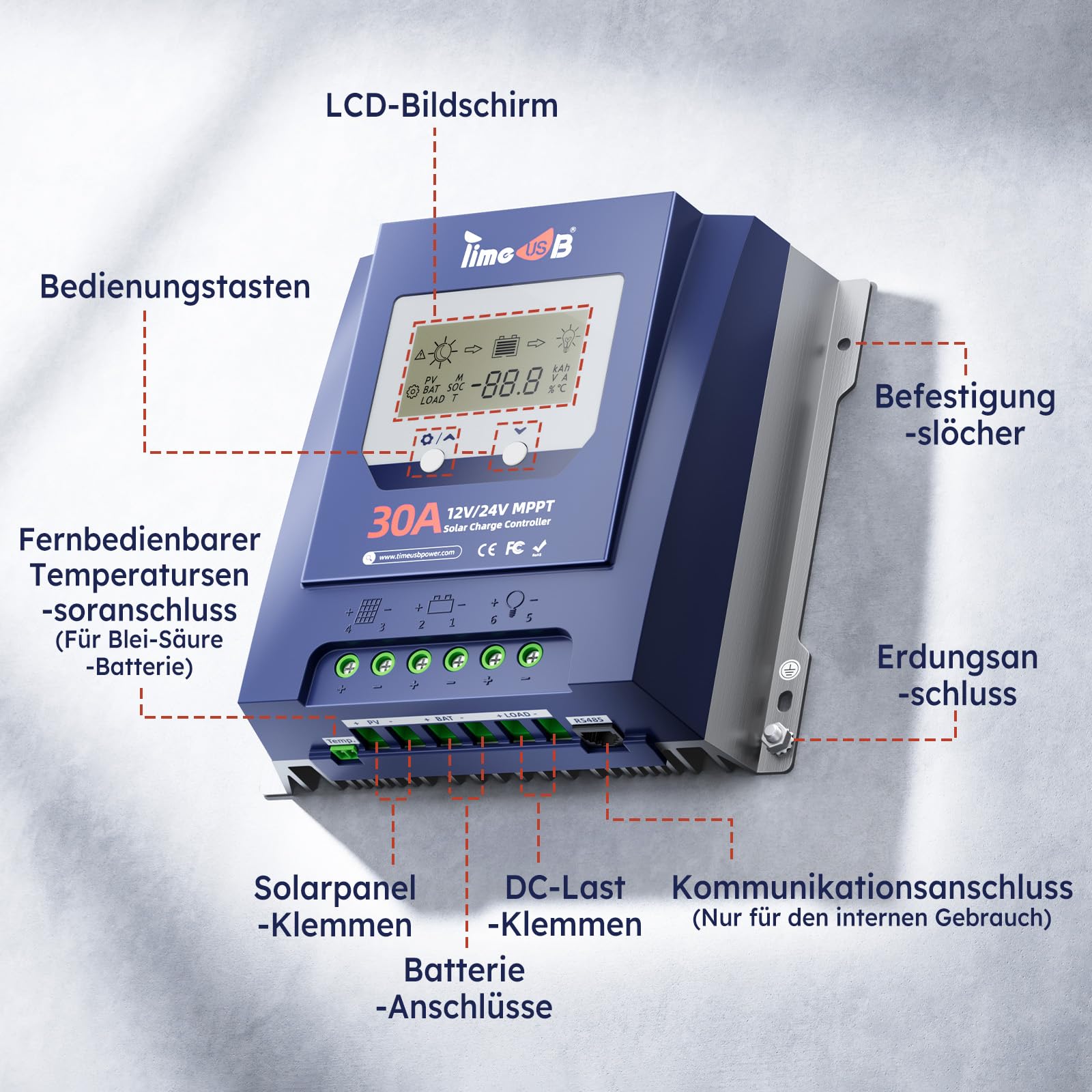 Timeusb 12V/24V 30A MPPT Solarladeregler für Lithium Blei-Säure Batterien | Max. 50V PV-Eingang,Automatische Erkennung & 99% Effizienz,Intelligenter Solar Regler mit LCD-Bildschirm für Wohnmobil