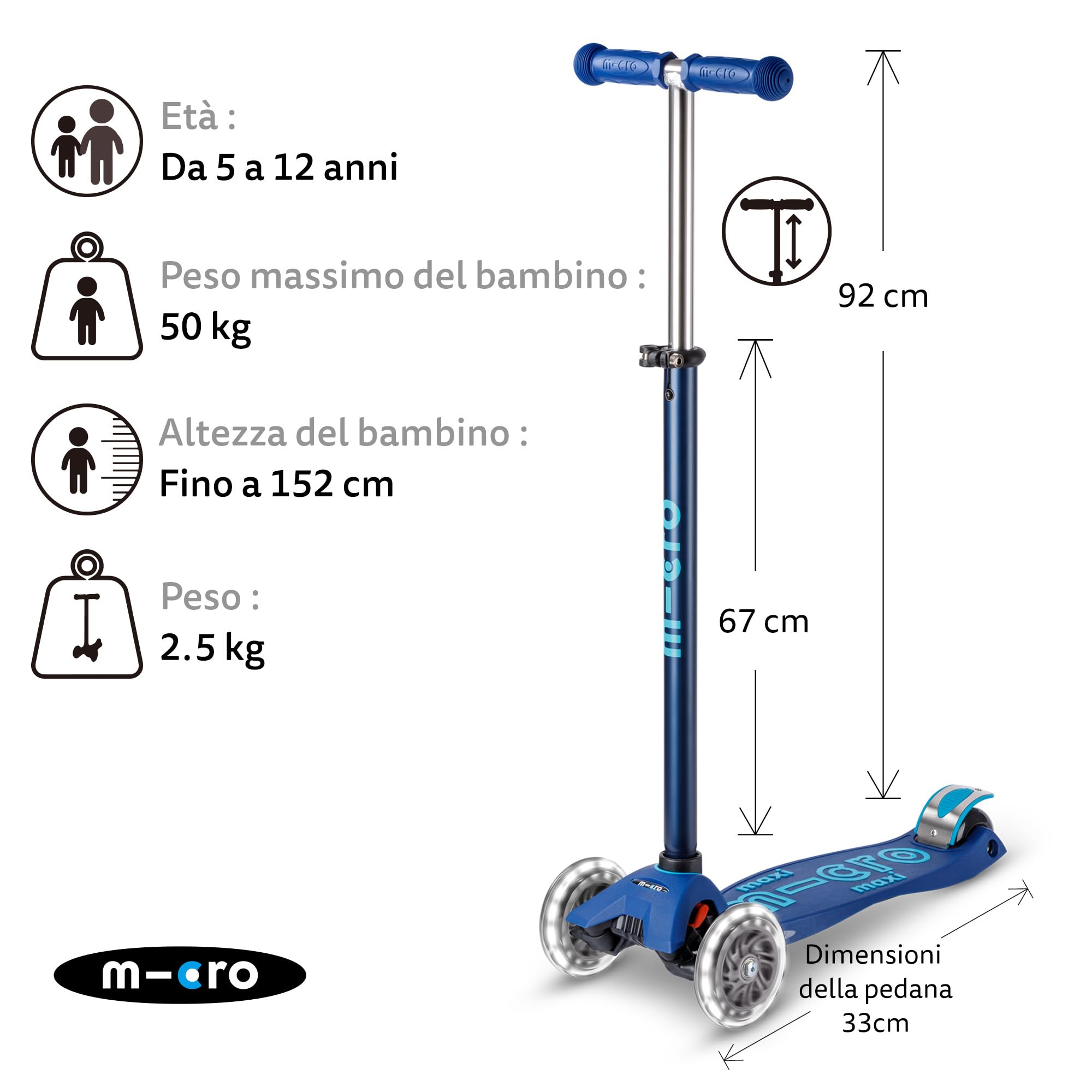 Micro Monopattino Maxi Micro LED Deluxe per bambini | Ruote grandi | Manubrio regolabile | 5-12 anni | Ragazzi e ragazze