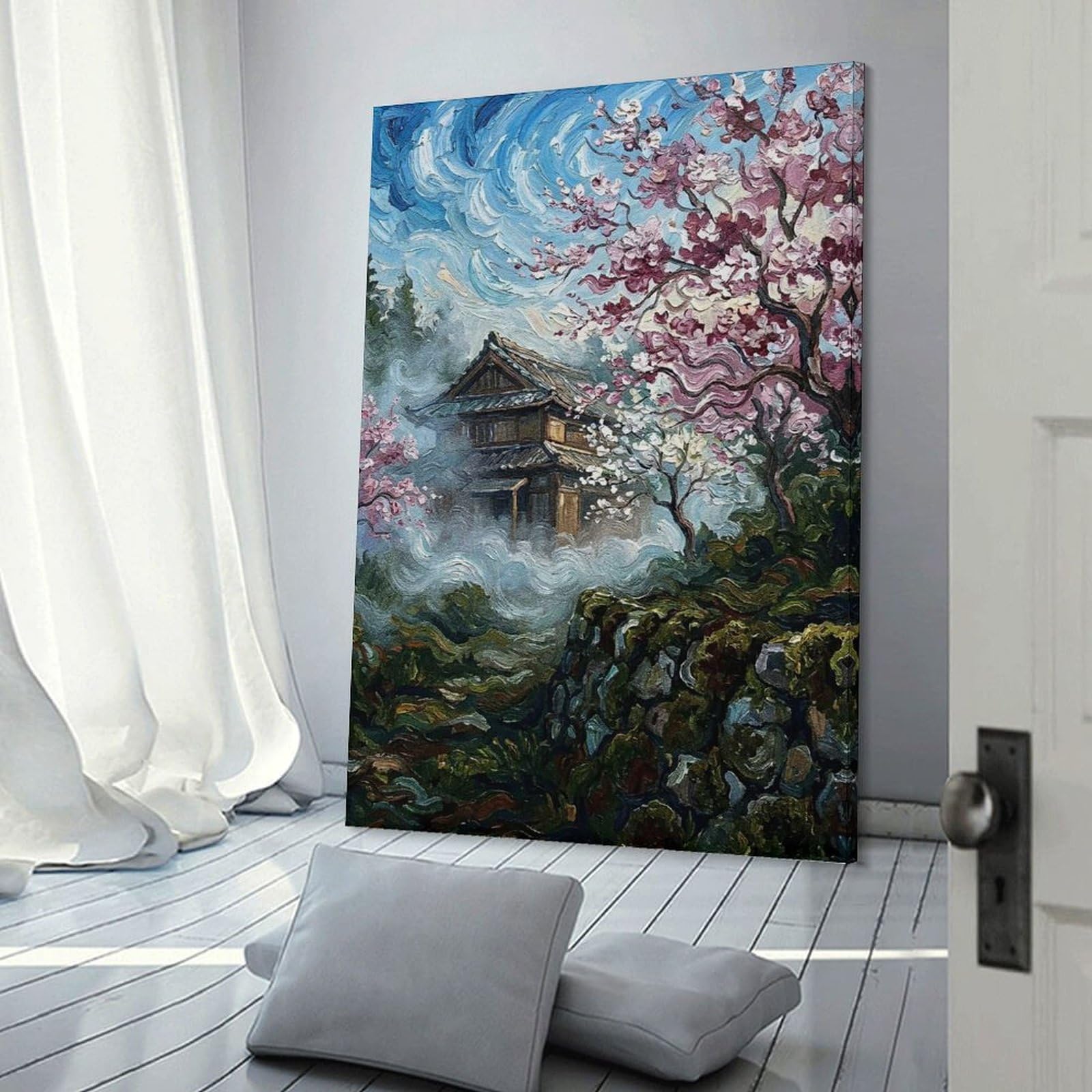 Junmoney Misty Japanese House with Cherry Blossoms Hanging Wall Art, 20x30inch(50x75cm), for Home Walls, Creative Rooms Or Shared Spaces, A Flexible Wall Accent for Shared Spaces