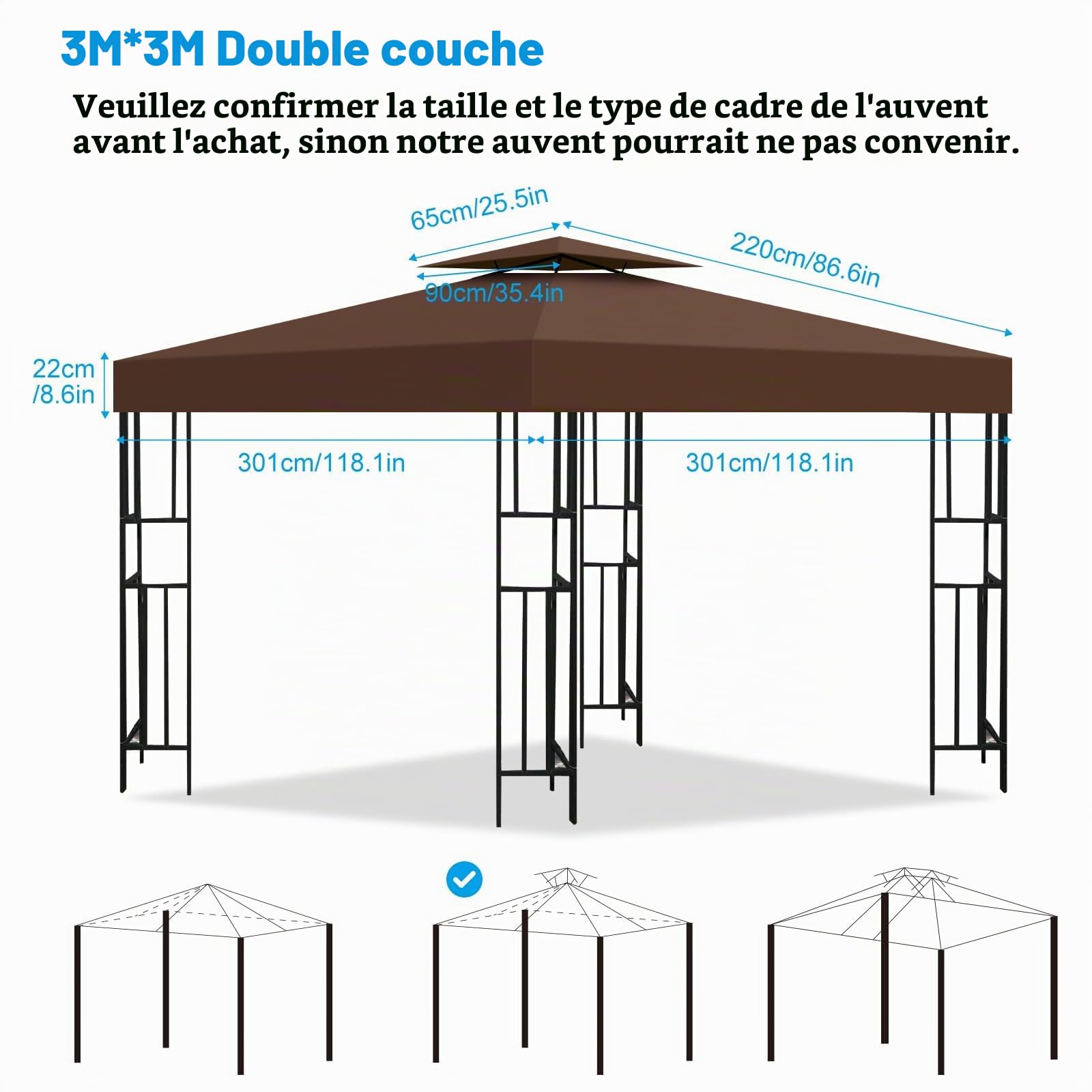 Toit de Remplacement pour Tonnelle 3x3m Imperméable et Protection Solaire, Double Ventilation Toile de Rechange pour Pavillon pour Jardin, Camping et Terrasse (Marron)