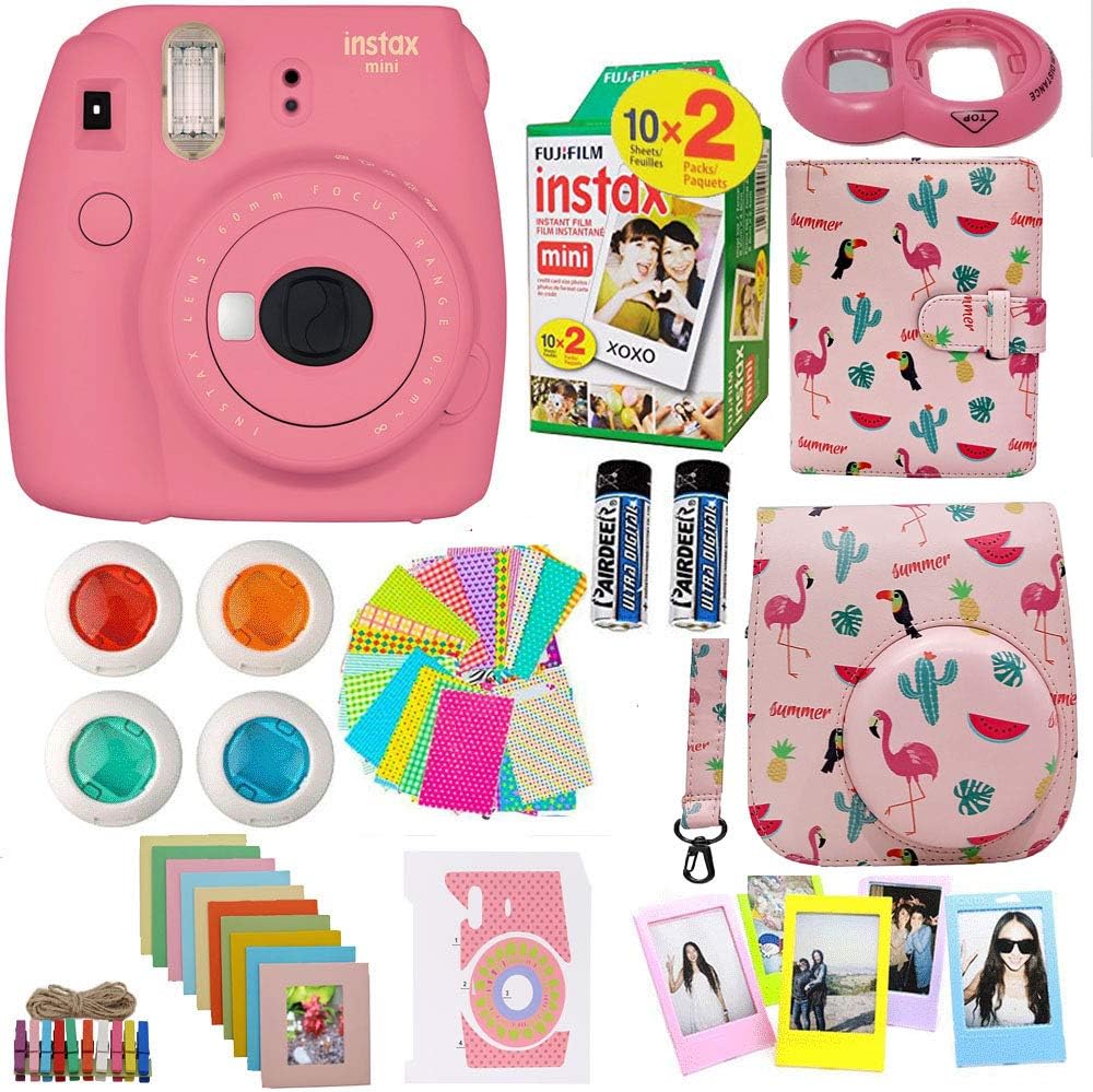 Fujifilm Instax Mini 9 Camera (USA) + Accessories kit for Fujifilm Instax Mini Camera Includes Instant Camera + Fuji Instax Film (20 PK) Case + Frames + Selfie Lens + Album and More (Flamingo PP)