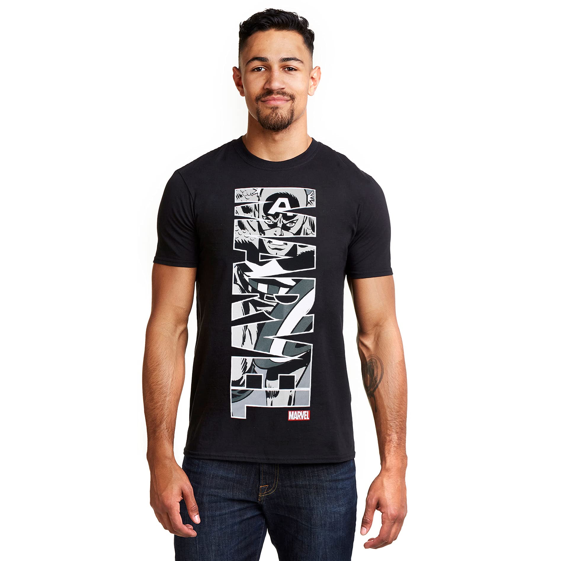 Captain America Men's Black Marvel Vertical Cotton T-Shir in Size 2XL, Sports Direct