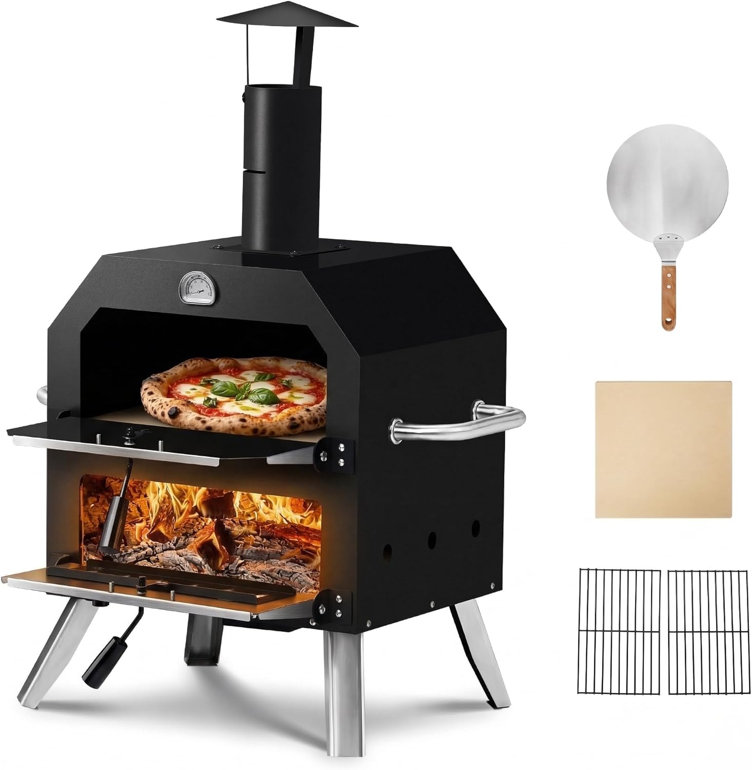Outdoor Pizza Oven Wood Fired Portable 2-Layer Outside Pizza Maker with Pizza Stone, Peel and Grill Racks, Wood Burning Charcoal Pellet Pizza Oven for Backyard BBQ Camping, Built-in Thermometer