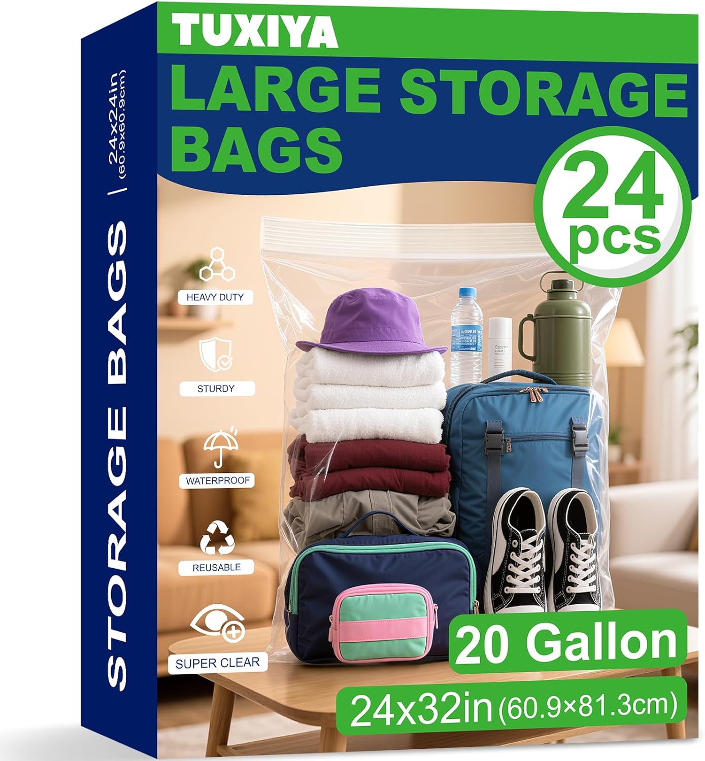 TUXIYA 24PACK 20 Gallon Extra Large Zipper Plastic Bags for Storage 24'' x 32'',Extra Large Clear Zipper Bags Reusable for Clothes, Home Moving, Travel, Camping, Thick 6 Mil