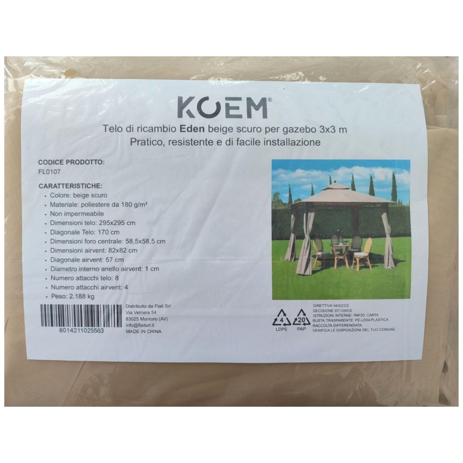 Telo di Ricambio Beige scuro per Gazebo, Poliestere 180 Gr/Mq, con AirVent (Eden 3x3 Beige)