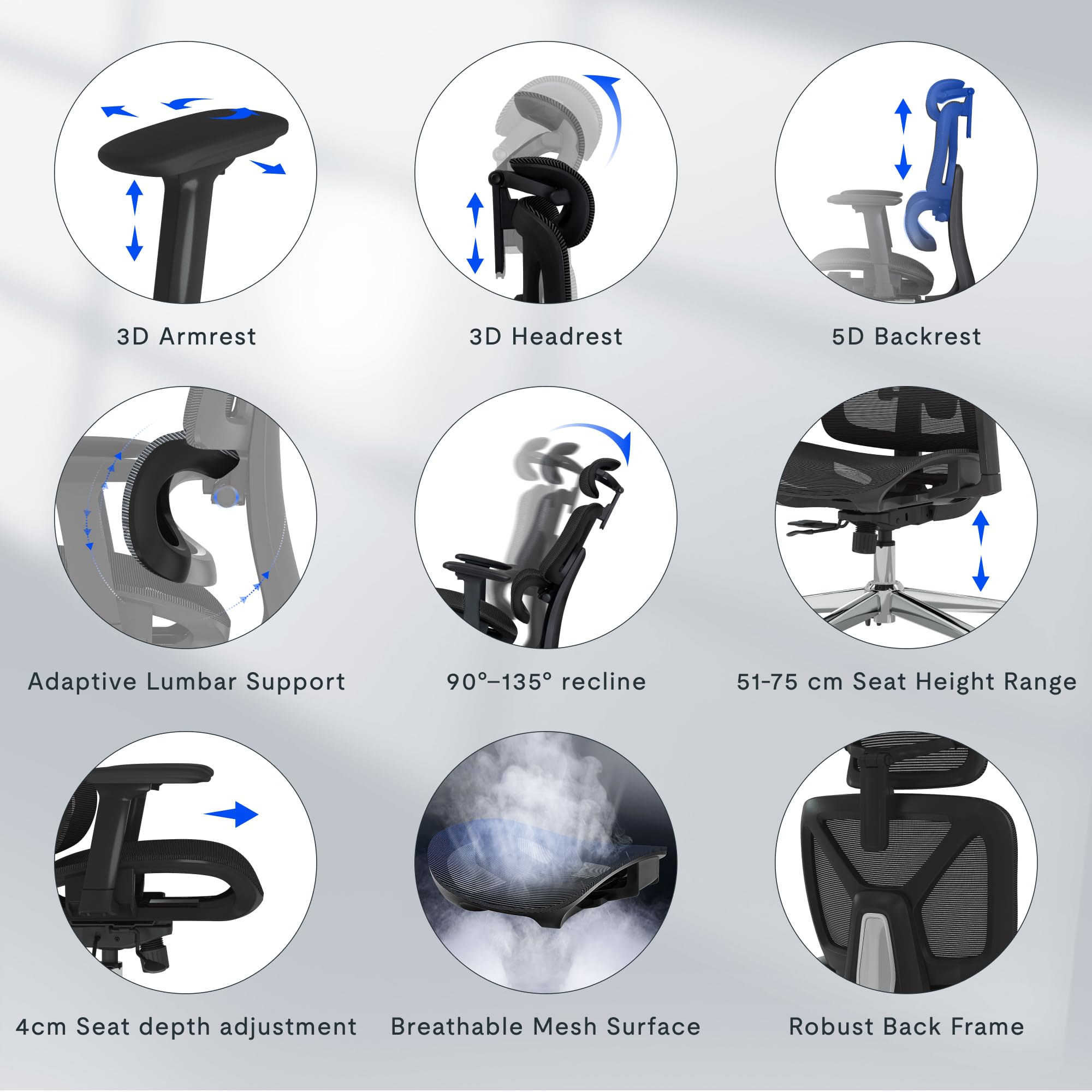 FLEXISPOT ErgoX – Sedia da ufficio ergonomica in rete, con poggiatesta 3D, supporto lombare indipendente, schienale 5D regolabile, braccioli 3D, seduta traspirante, girevole con ruote, portata 130 kg