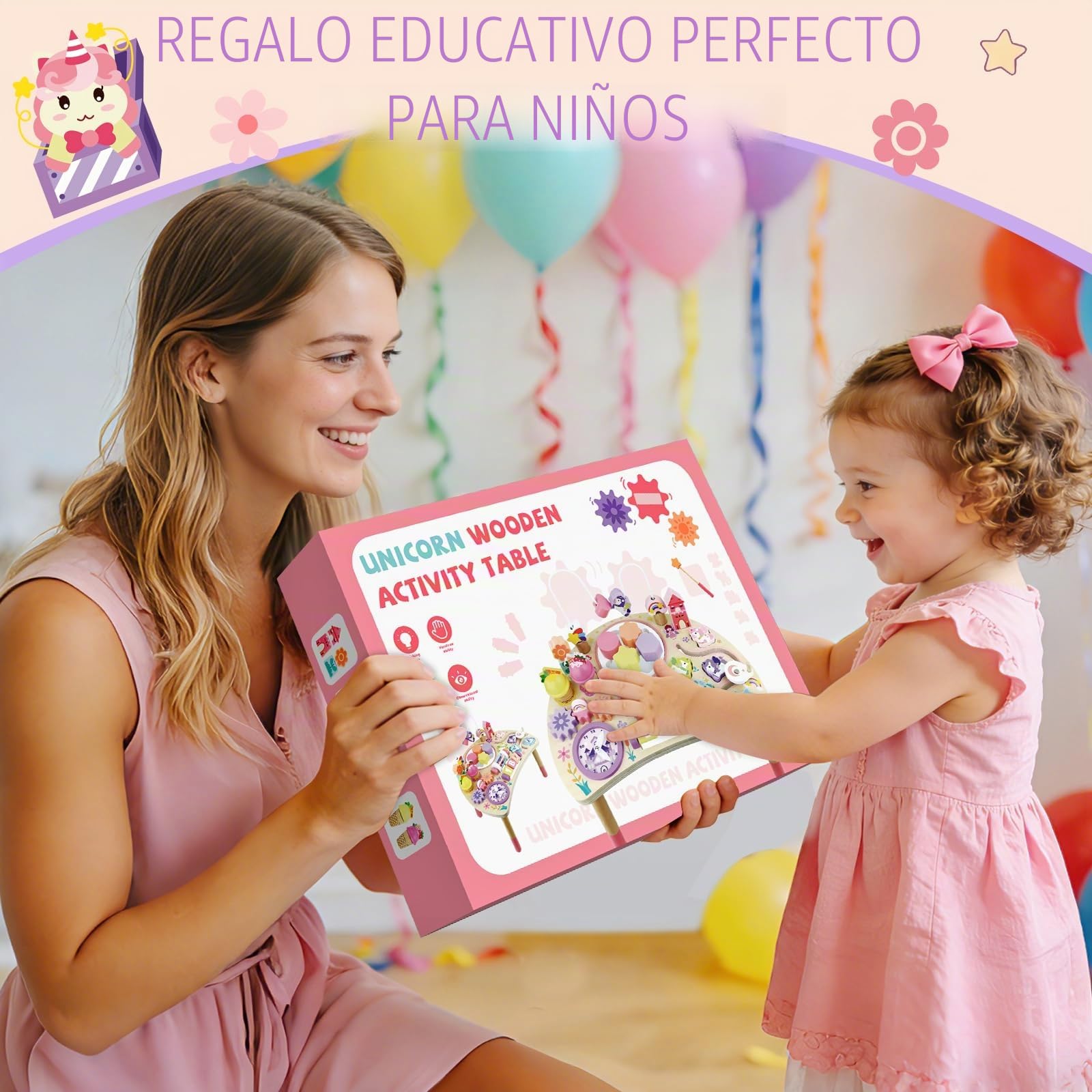 Mesa Actividades Montessori de Madera 10 en 1 Unicornio 18m+ | Agarrar, Clasificar, Girar y Escuchar Apoya la Motricidad Fina con Tareas Simples