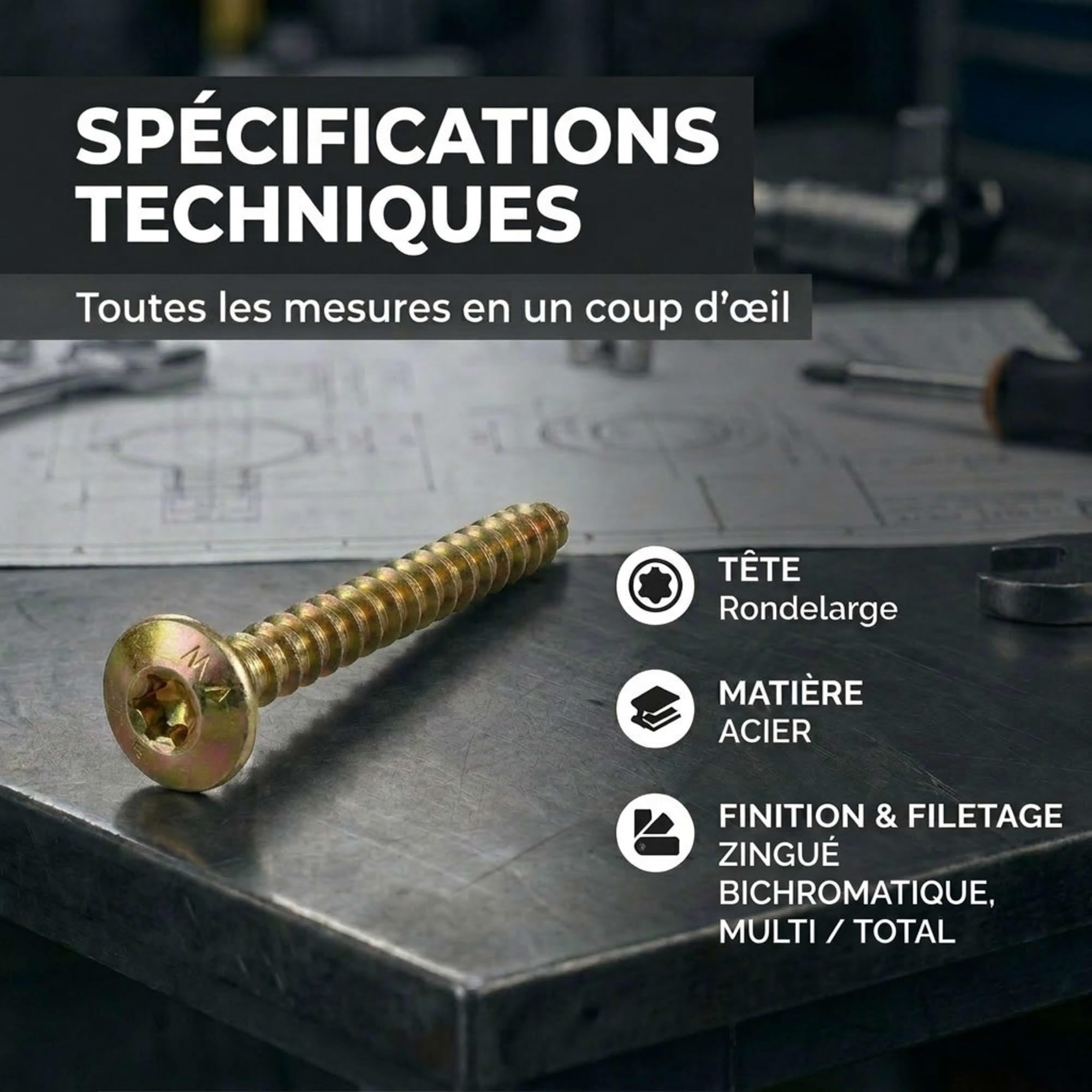 200 Vis Penture Torx acier bichromatées (jaune/or) 7 X 30