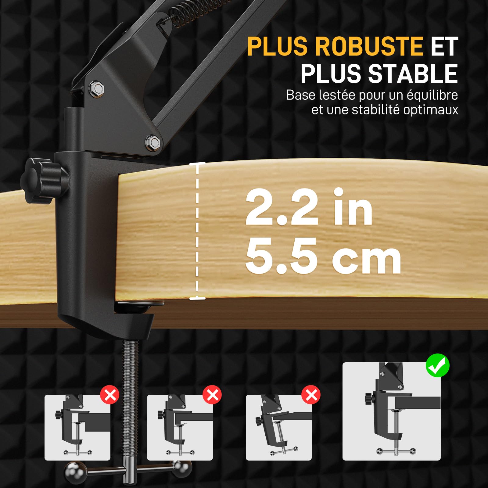 MAONO Bras Micro, Bras de Micro métallique réglable pour podcasts, jeux, streaming et enregistrement, avec pince de bureau, 3/8'' vers 5/8'' Vis Adaptateur, capacité maximale de 1 kg, BA20 Noir