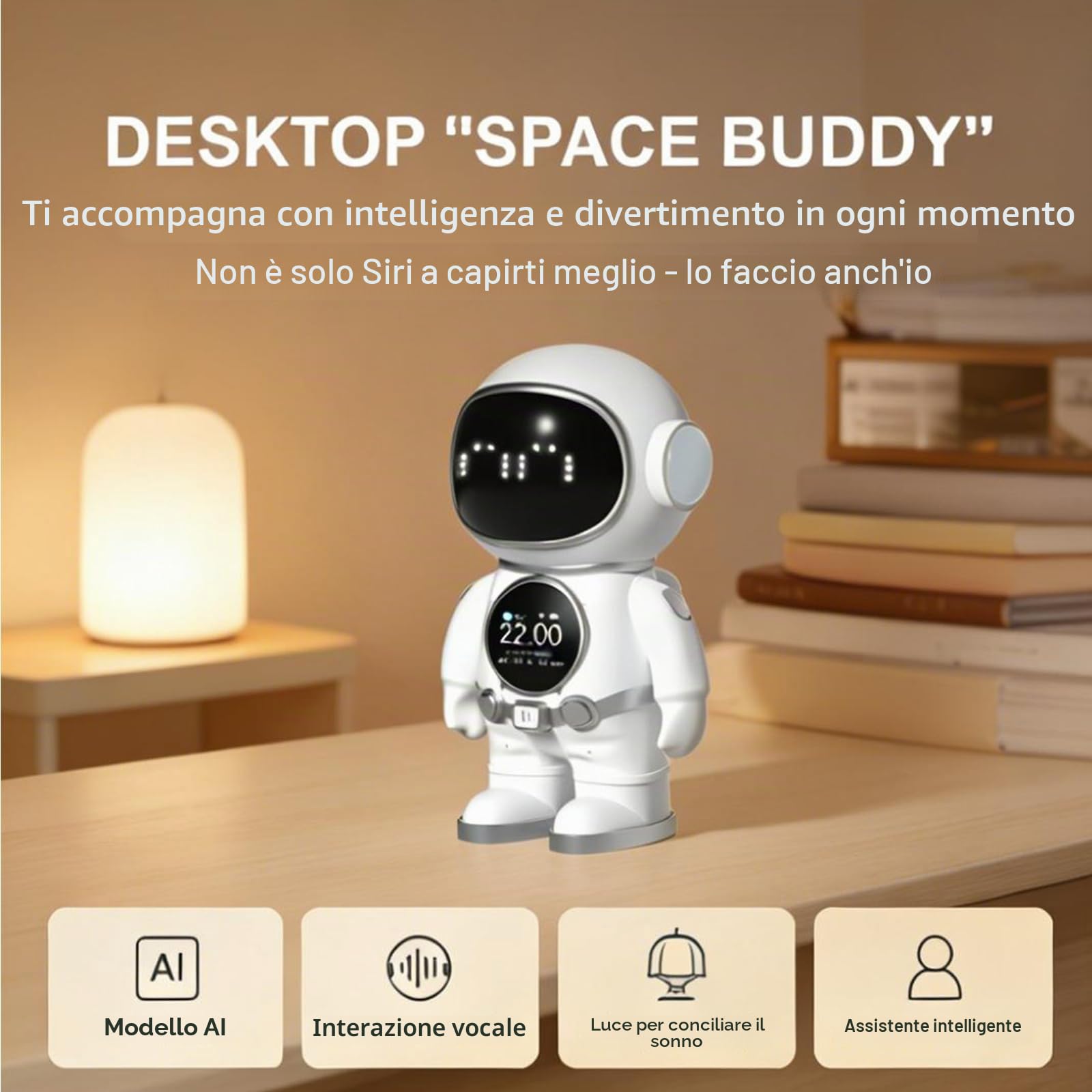 Astronauta AI - Robot da scrivania con 3 modelli Mainstream KI, controllo vocale, altoparlante Bluetooth, luce notturna, allarme intelligente e indicatore meteo, perfetto per ufficio