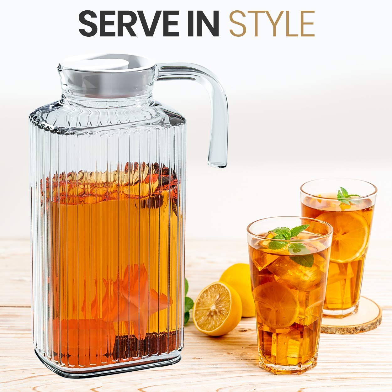 Jarra para nevera – 60 onzas. Jarra de vidrio para refrigerador con tapa de  Práctica y fácil de usar, ideal para limonada, té helado, leche, cócteles y más bebidas. 8