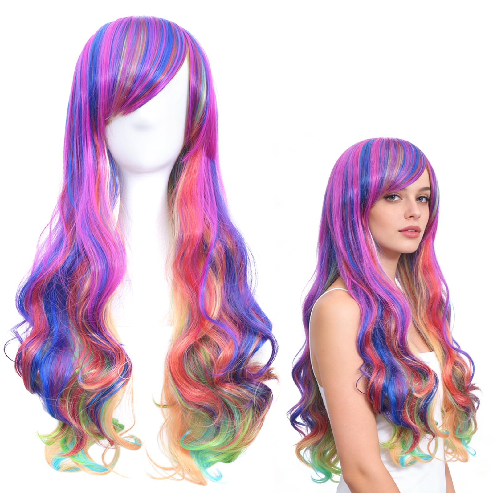 LjFrexia Regenbogen Perücke, Regenbogen Perücke Lang Locken, Bunte Perücken Cosplay, Lockiges Wig, Damen Kinder Haare Cosplay, Geeignet für Karneval Fasching Halloween Kostümparty