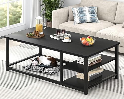 Miniatura 12 de EXCEFUR Mesa de Centro, Mesa de Sala de Estar de Madera Rústica y Metal con Estante de Almacenamiento Ajustable, Gris Oscuro, 47 Pulgadas Gris,Negro