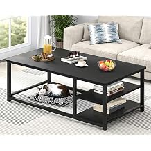 EXCEFUR Black Coffee Table, Rustic Wood Living Room Table with Storage Shelf, Modern Rectangle Center Table, 47 Inch