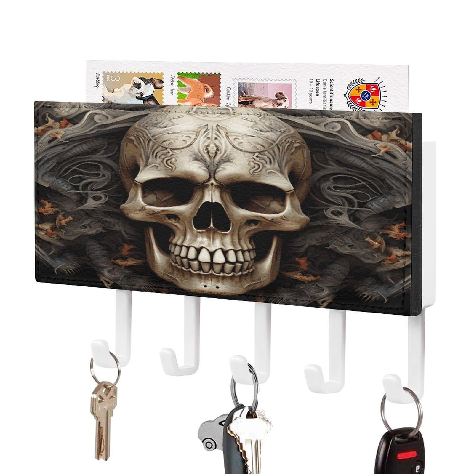 FekiLoot Skulls Key Holder for Wall Decorative,2 Installation Ways Keys Hanger Keys Holder Wall Mount Hanging Key Hooks with Mail Organizer for Wallet House Accessories