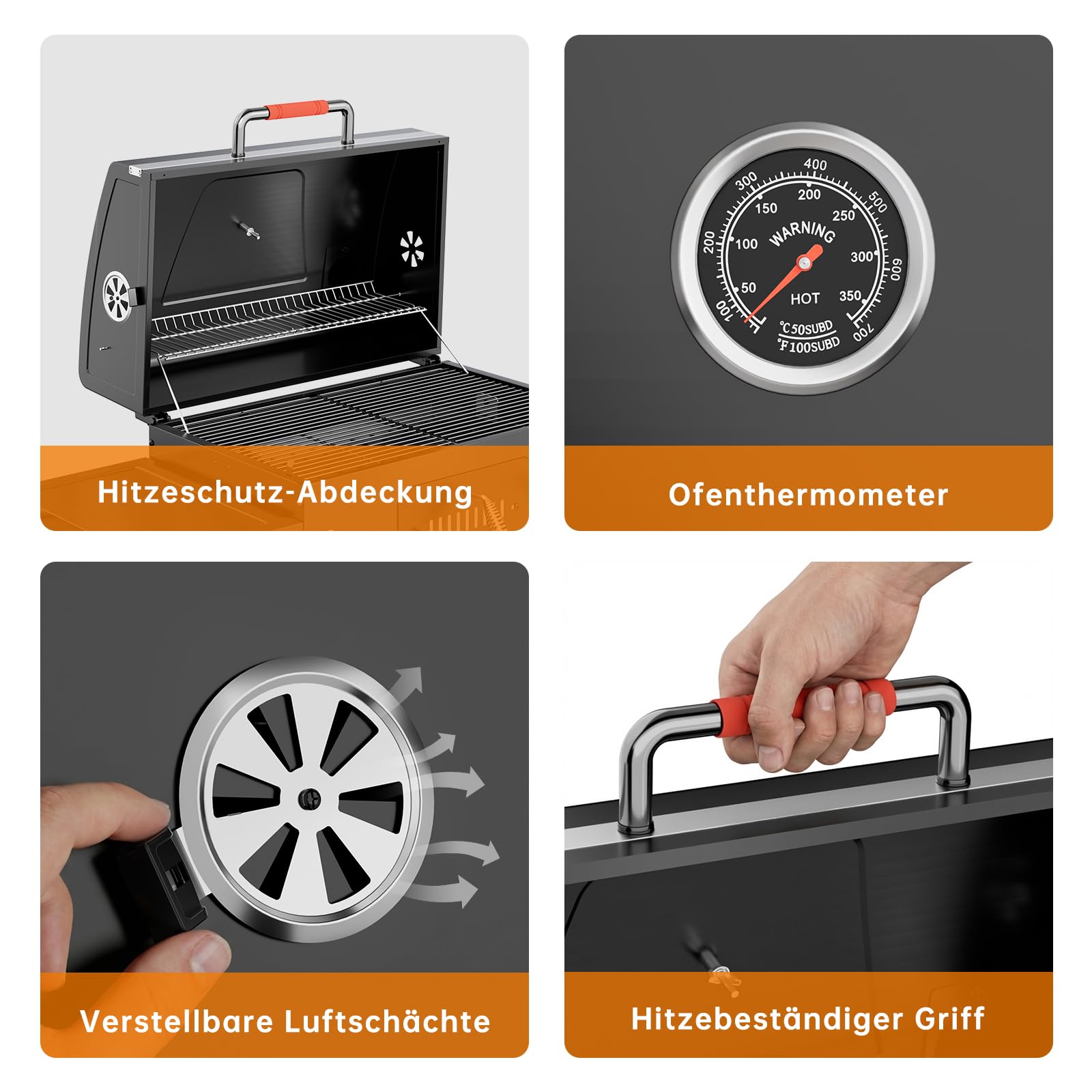 JUMMICO Tragbarer Holzkohlegrill mit Schornstein Schnellaufheizen Klappbaren Seitenbrettern Thermometer Zubehör für Familie Camping Garten BBQ