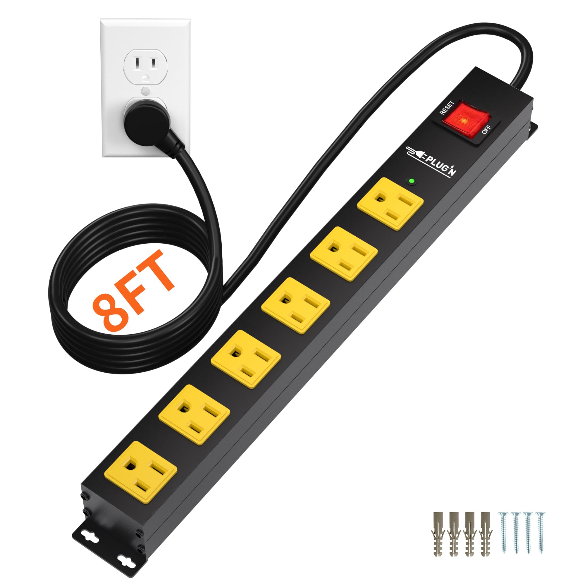 Power Strip 2700J Surge Protector, Heavy Duty Power Strips with 8FT Long Cord and Flat Plug, Wall Mountable Metal 6 Outlet Strip for Desk, Garage,