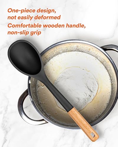 Miniatura 3 de Cucharas de cocina grandes de silicona, cuchara antiadherente con mango de madera maciza, cucharas de cocina de silicona resistentes al calor para