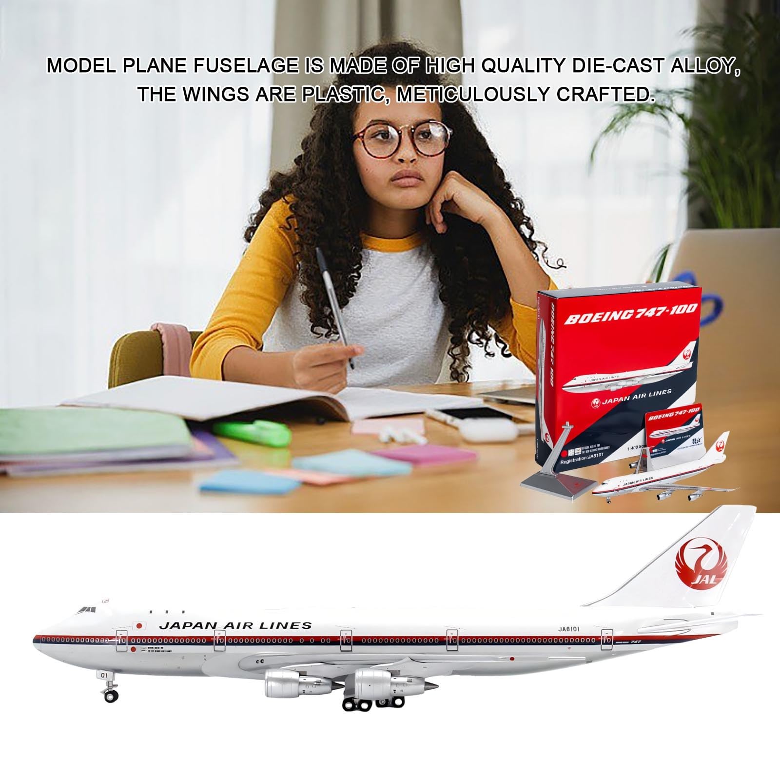 Modello aereo lega pressofusa Japan Airlines B747-100 JA8101 scala 1:400, replica alta precisione con espositore, regalo collezione for appassionati aviazione, arredamento for ufficio casa