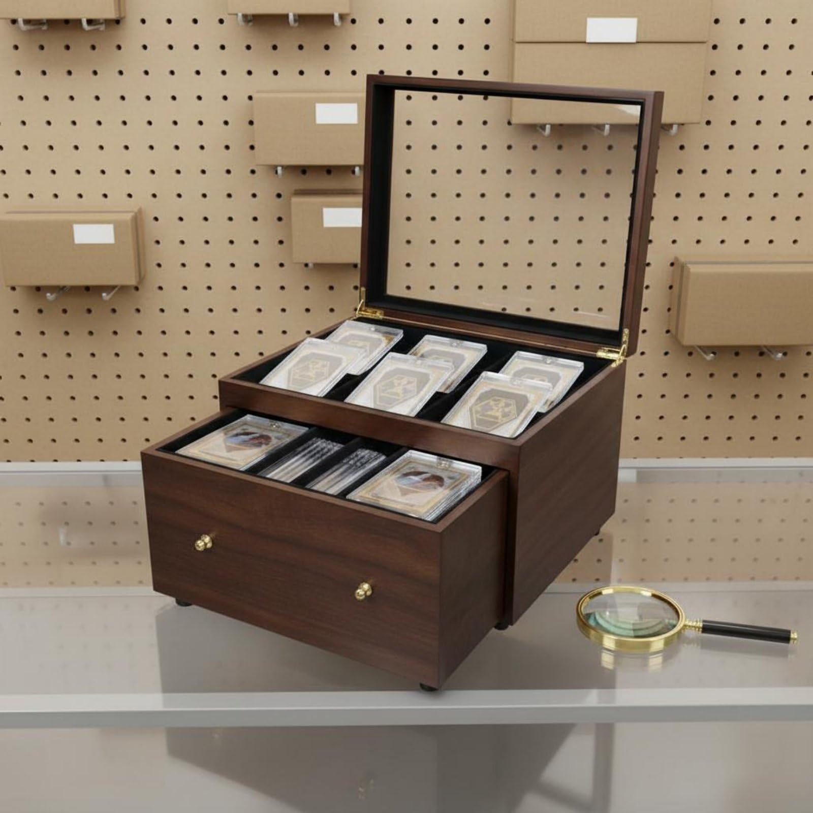 harayaa Vitrina para Cartas Caja Expositora Estuche Organizador de Madera Maciza con Tapa de Vidrio y Interior Acolchado Doble Compartimento y Cajón, Negro