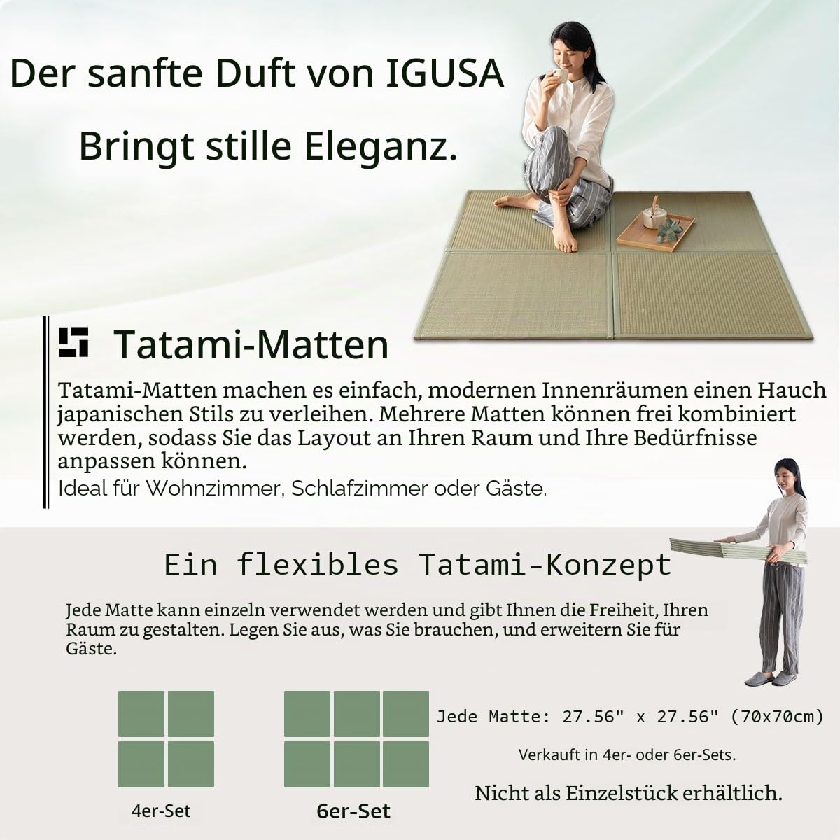 EMOOR Japanische Tatami-Matte 70 x 70cm 4er-Set Natur-Segergras (Ungefärbt), Faltbare Igusa-Matratze Bodenschlaf Japanische Futon-Matratze Meditation Yoga Zen
