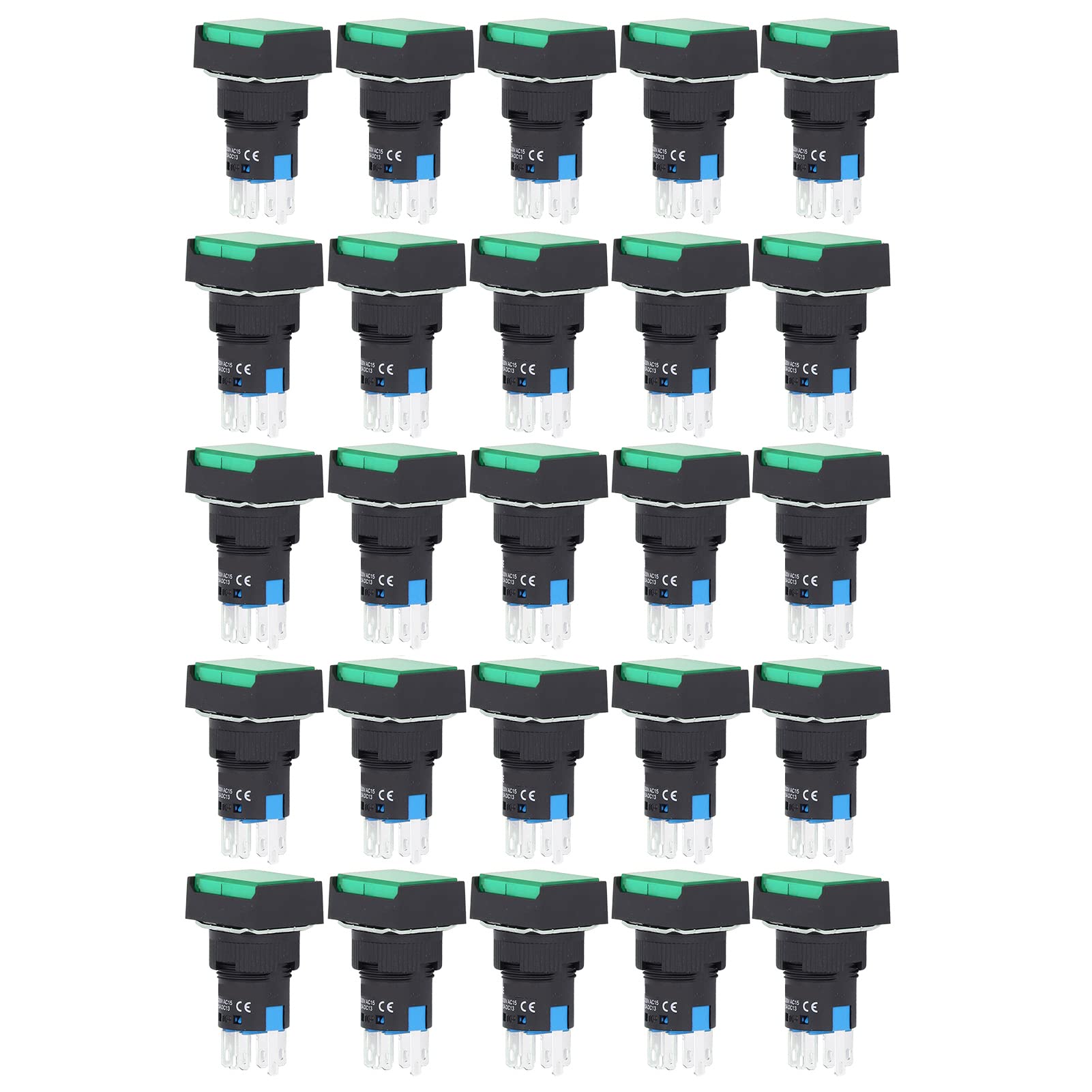 25 pezzi quadrati interruttore a pulsante ABS ottone autobloccante con luce per scatola di distribuzione 16 mm 24 V(VERDE)