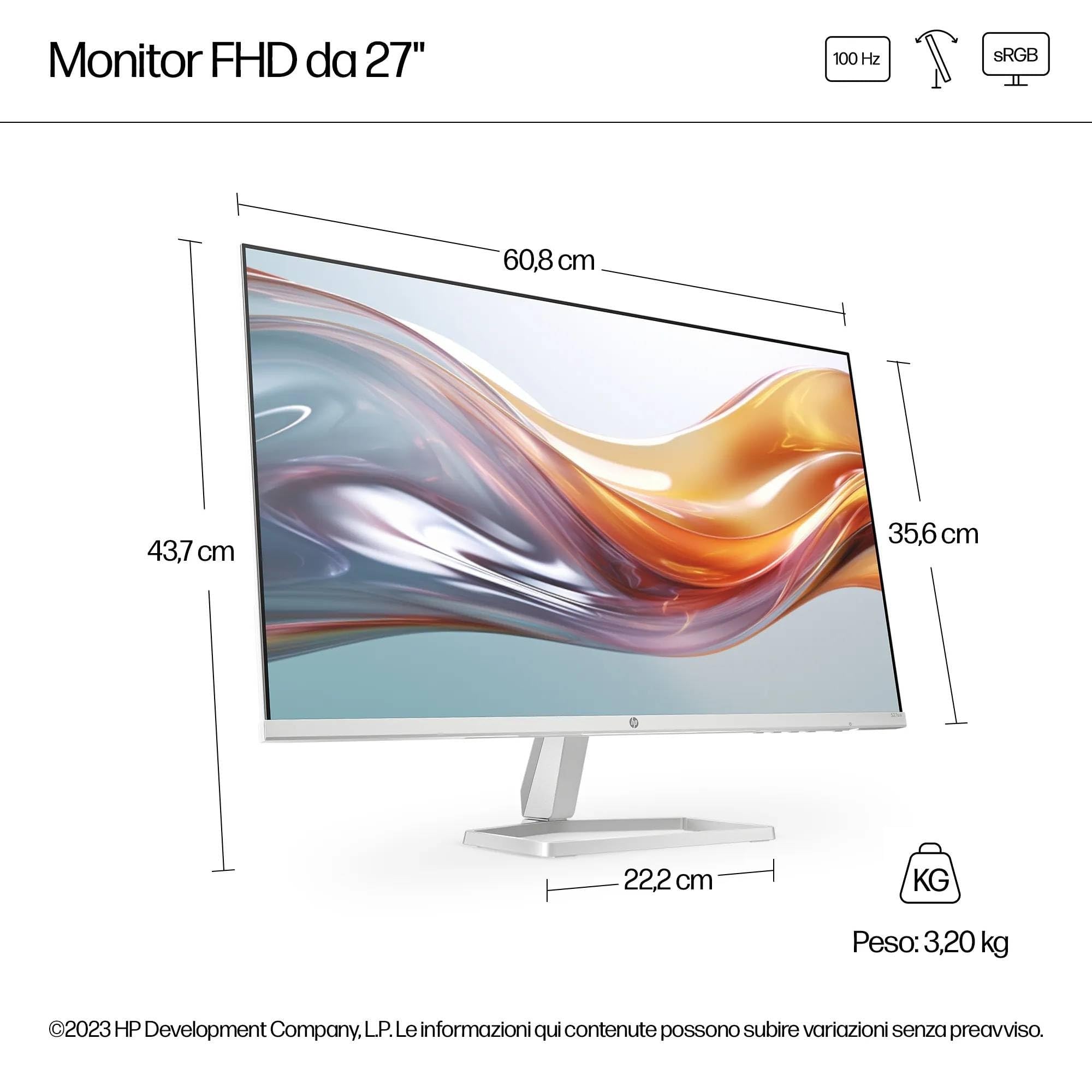 HP 527sw Monitor, Schermo da 27" FHD IPS Antiriflesso, Tecnologia Eye Ease, Tempo Risposta 5 ms GtG Overdrive, Risoluzione 1920 x 1080, Software Display Center, HDMI, Bianco