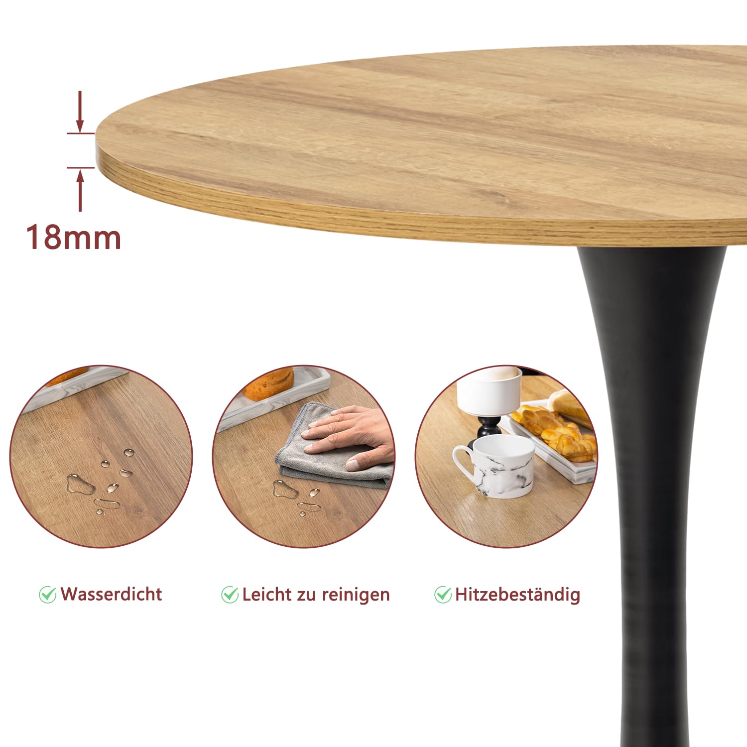 MEUBLE Cosy Runder Esstisch Klein Tisch Küchentisch Esszimmertisch 2-4 Personen für Küche, Wohnzimmer, Büro, 80x80x75cm, Eiche + Schwarz