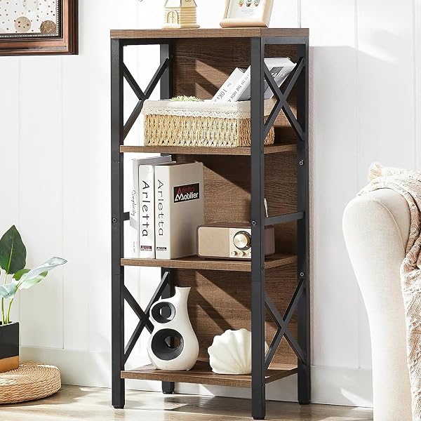 MNEETRUNG 4-Tier Narrow Bookcase in Rustic Brown