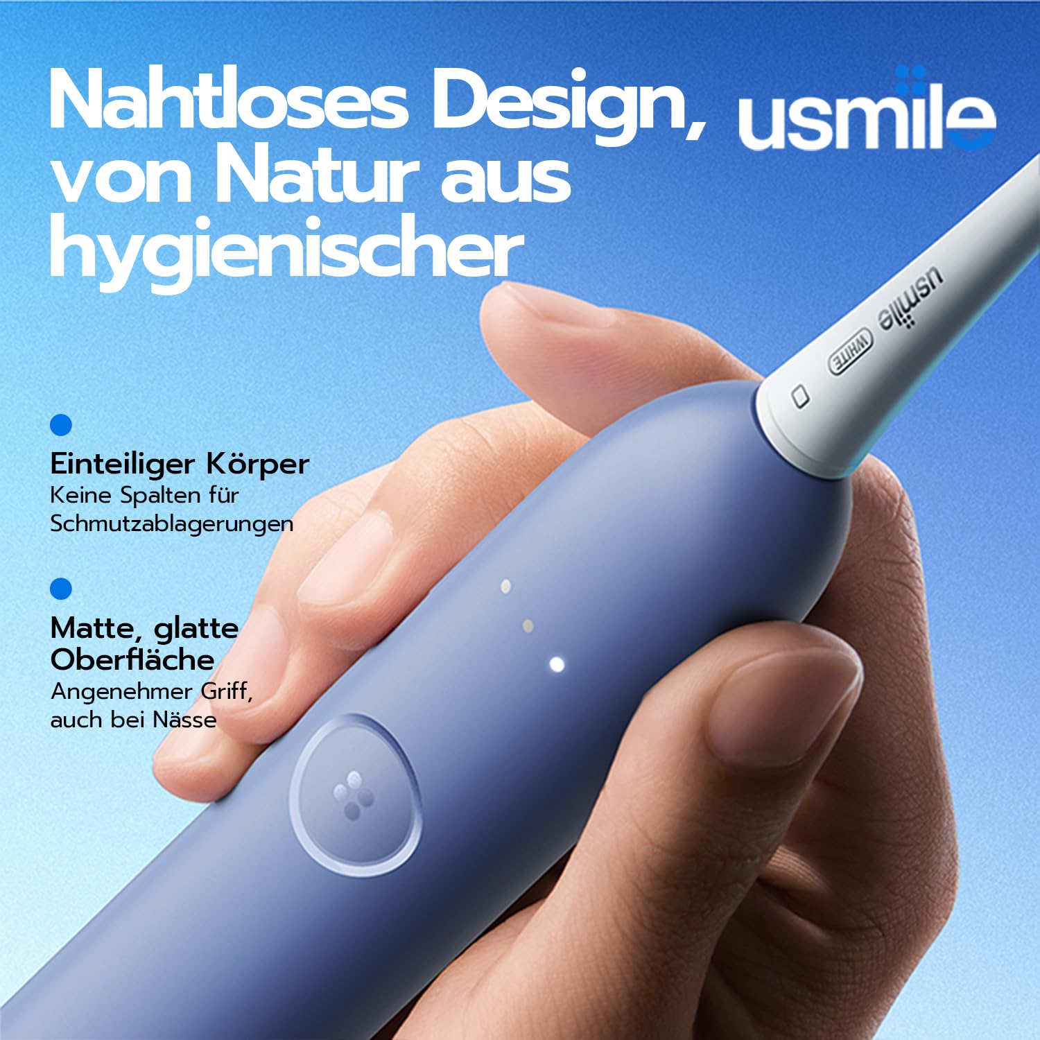 usmile P10S elektrische Zahnbürste – 3 Modi (Tiefenreinigung & Aufhellung), 180 Tage Akkulaufzeit, gepolsterter Zahnfleischschutz-Bürstenkopf für empfindliche Zähne, Smart-Timer, 2 Bürstenköpfe (Blau)
