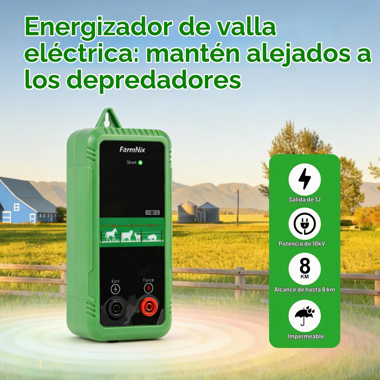 Energizador de Cerca Eléctrica 8KM, 1J, 12V, Salida 10KV | Bajo Consumo, Compatible AC/DC/Solar para Jardín, Granja y Pastos Pequeños