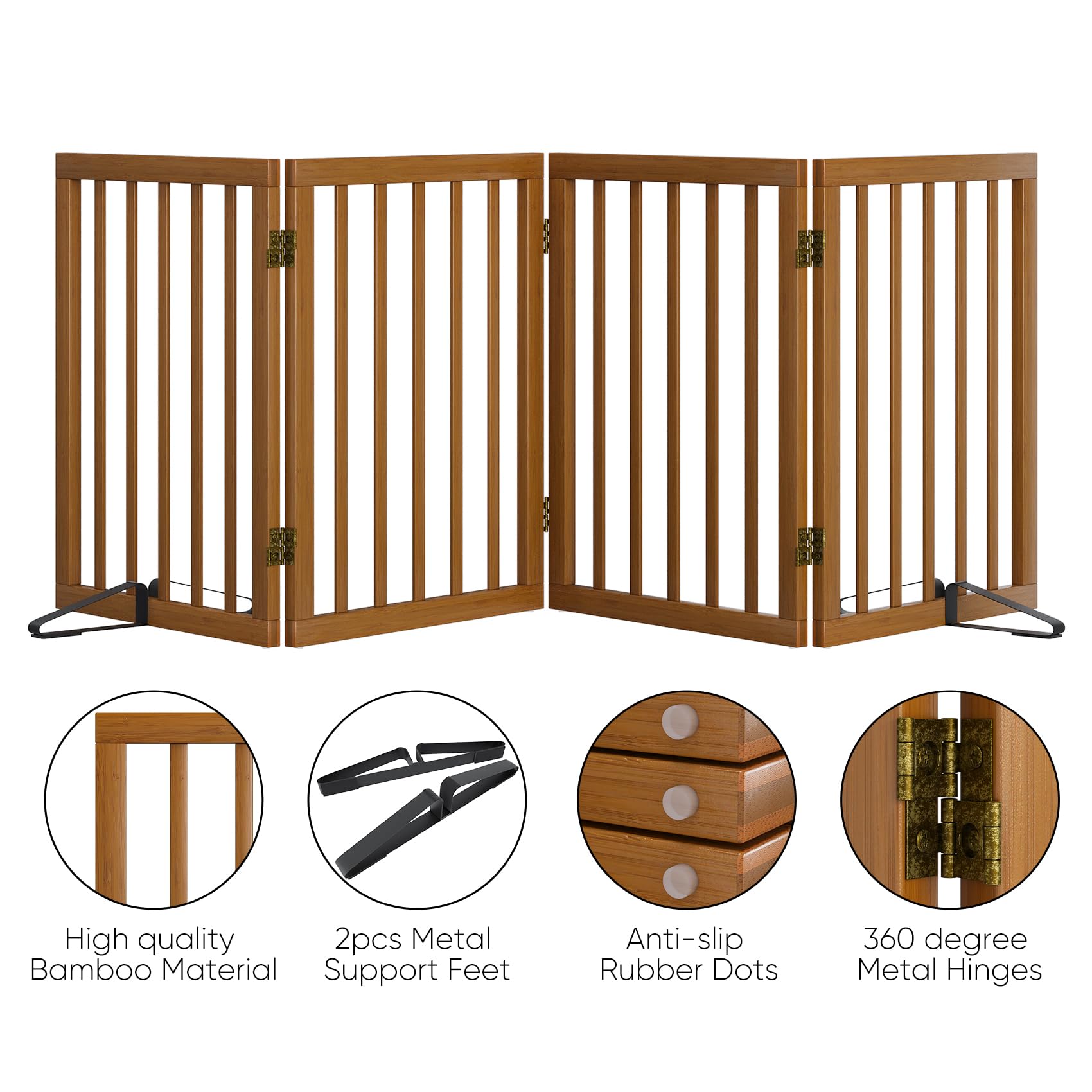 Puerta de madera para perros de 60 cm de alto, puerta plegable independiente para mascotas, puerta para puerta, escalera interior, puertas para cachorros, incluyendo 2 patas de Spport (nogal, 4