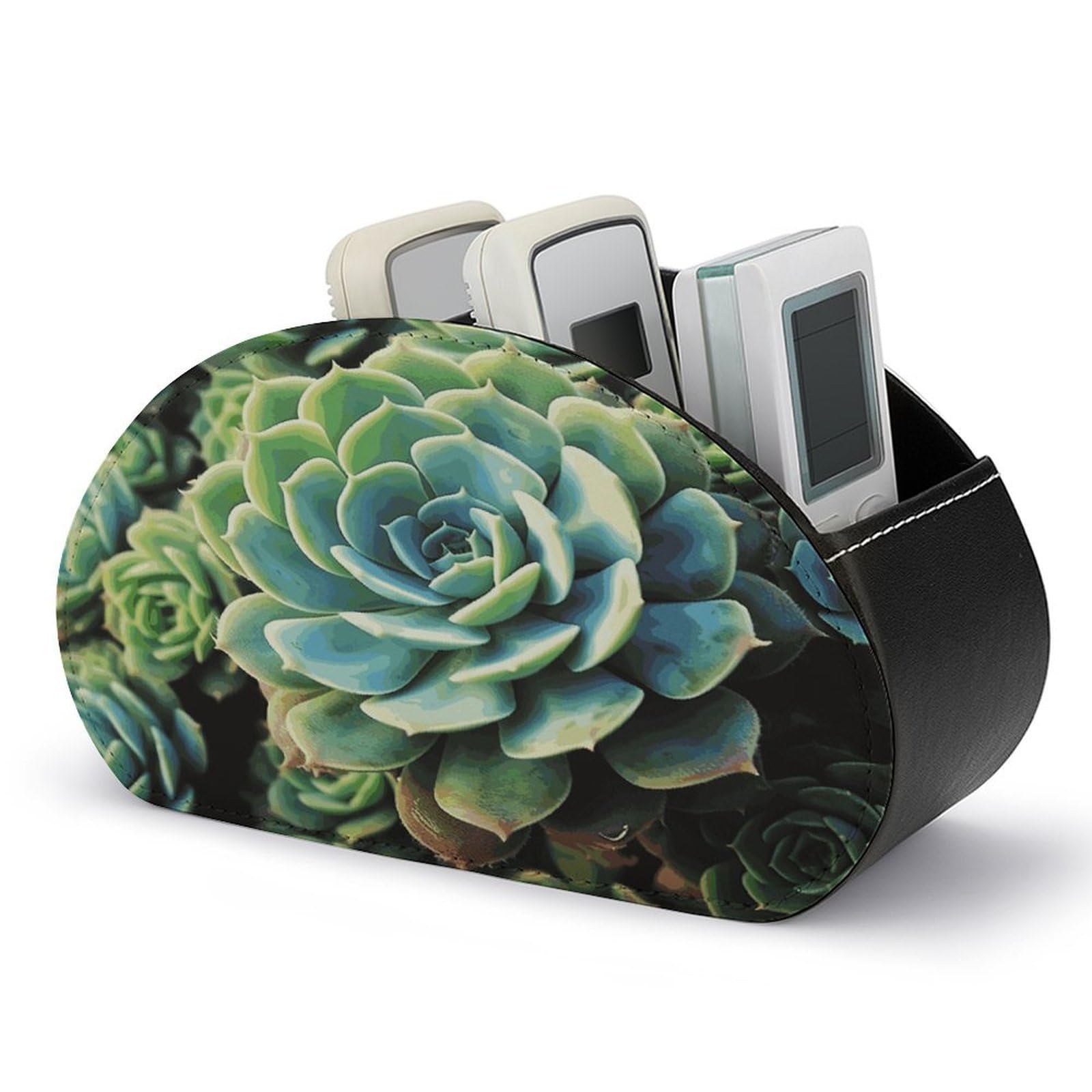 FekiLoot Succulent Plants TV Remote Control Holder with 5 Compartments Multi-functional Leather Bedside Table Remote Caddy Desktop Storage Box for Store Pen Controller Media Player Cosmetic