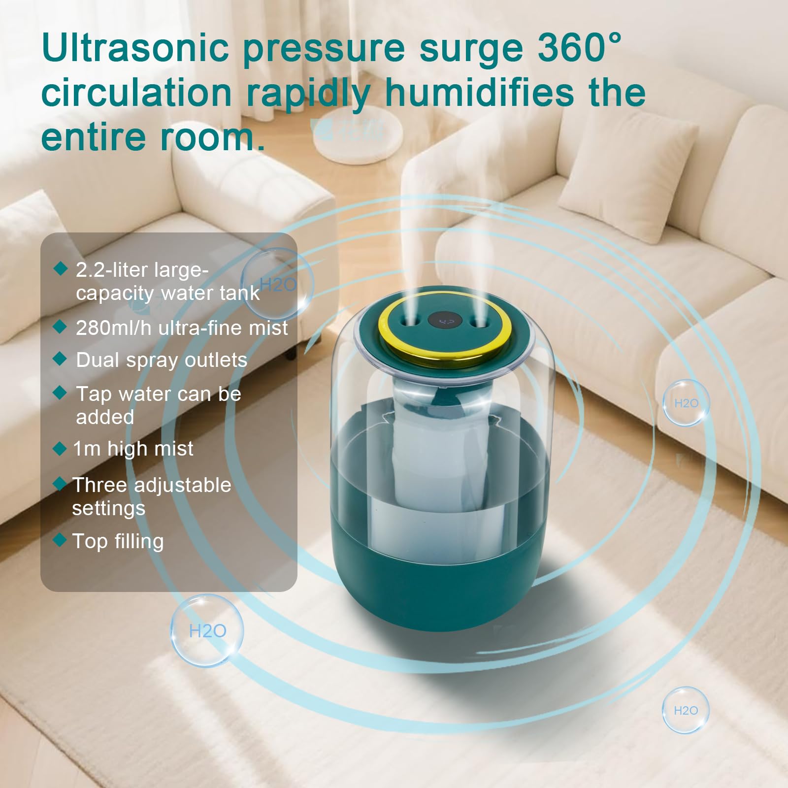 Humidificadores de 2.2 L para dormitorio, humidificadores de niebla fría con temporizador, perilla digital, humidificador pequeño silencioso de 26 dB para bebé, guardería y plantas con luz nocturna