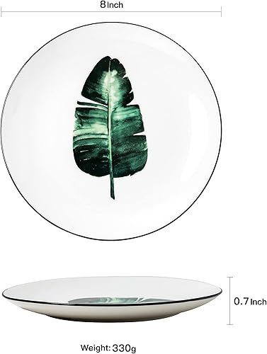 Miniatura 2 de Juego de 6 platos de porcelana de 8 pulgadas con patrón de plantas, vajilla de cerámica blanca para carne, almuerzo, ensalada, postre, servir pan,