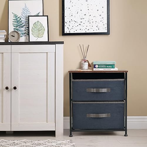 Miniatura 9 de Giantex Mesita de noche con 2 cajones, juego de 2, mesa auxiliar pequeña con contenedores de tela extraíbles y parte superior de madera, marco de