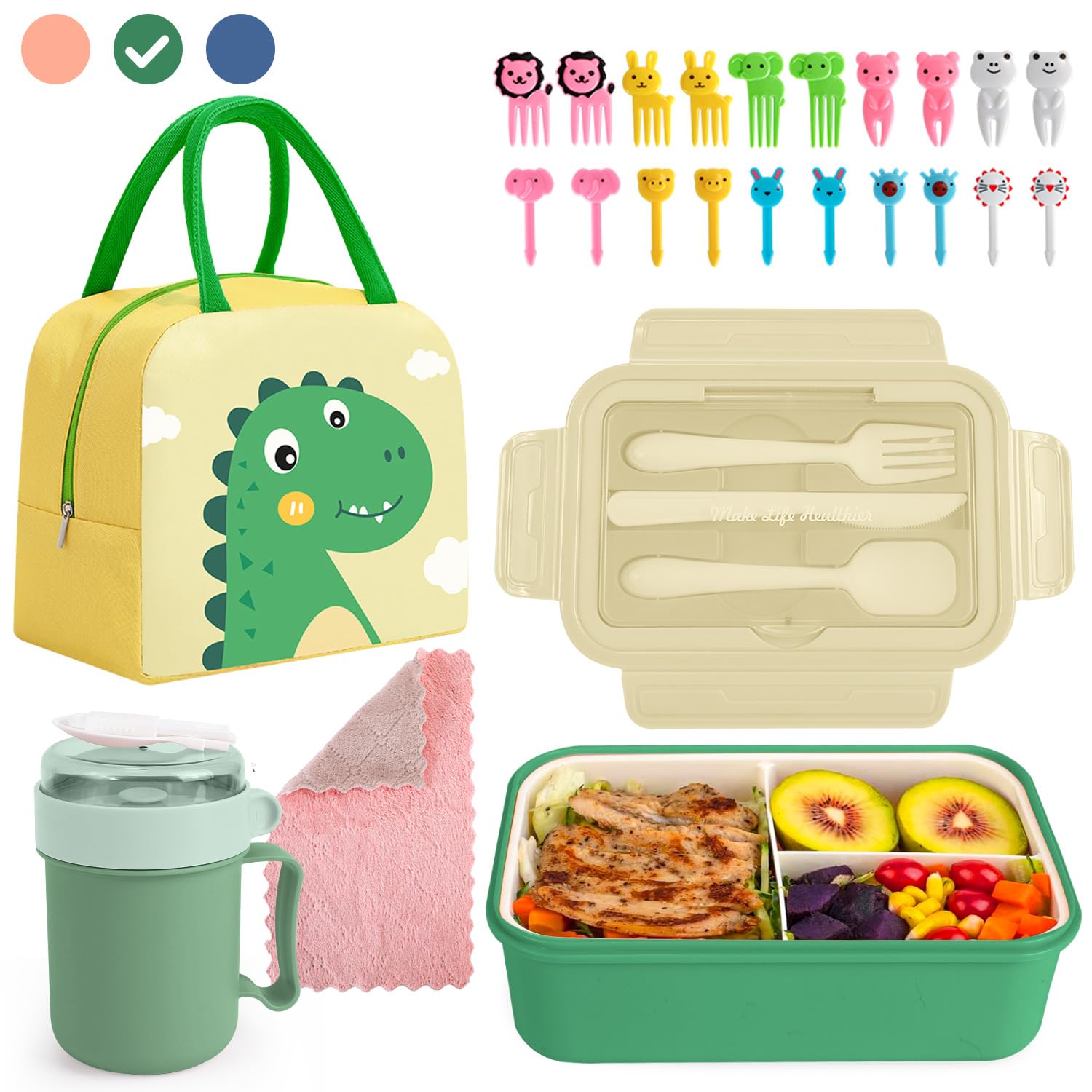 HomeChi Bento Lunch Box Kit for Kids - 1400ML Leak-proof Lunch Container 3 Compartments with Knife Fork Spoon, Lunch Bag, Soup Cup, Fruit Forks, Microwave Dishwasher Freezer Safe, BPA-Free