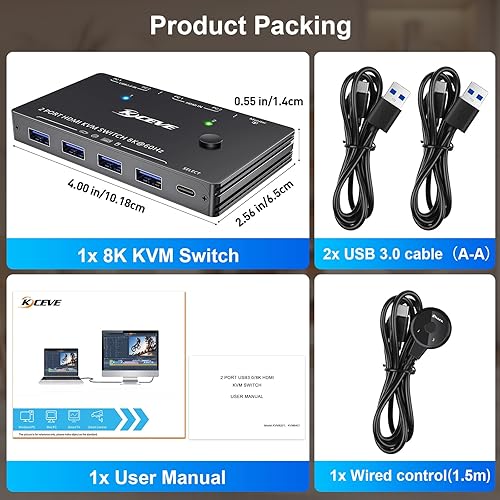 Miniatura 7 de Conmutador KVM USB 3.0, 1 monitores, 2 computadoras, conmutador KVM HDMI para 2 computadoras, comparte 1 monitor y 4 puertos USB 3.0, compatible con
