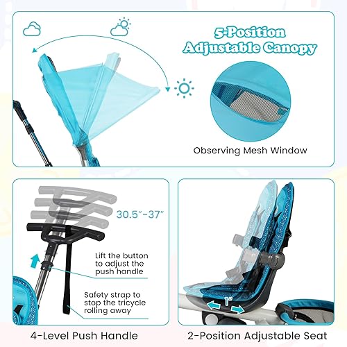 Miniatura 22 de HONEY JOY Triciclo, cochecito de bebé 6 en 1 con asa de empuje ajustable y toldo, cesta de almacenamiento, barandilla desmontable, arnés