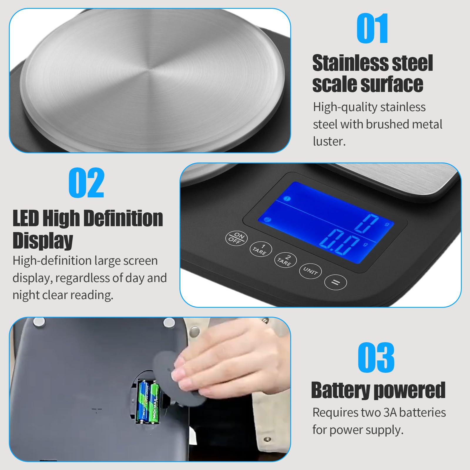 Báscula de cocina con plataforma dual, báscula precisa (10 kg y 1 kg), pantalla retroiluminada en azul, báscula digital para cocinar y hornear