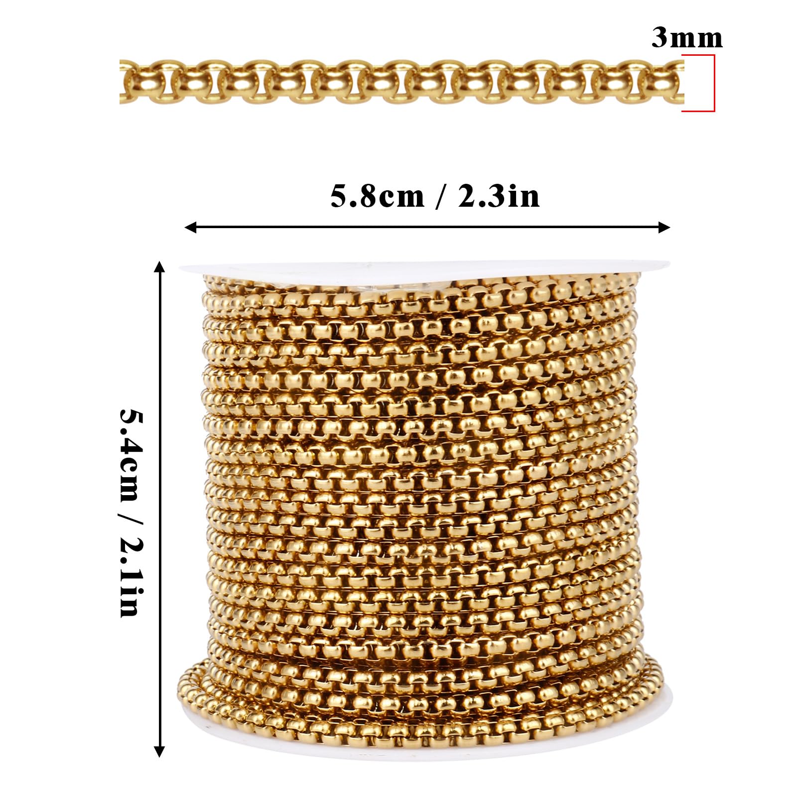 Catena rolò placcata in oro 18 K, lunghezza 9 m, rotolo di catena rolò da 3 mm in acciaio inossidabile dorato, per la creazione di gioielli