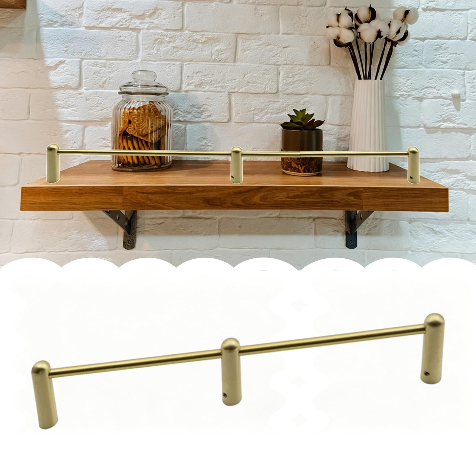Blazea One Color Solid Brass Shelf Railing Hardware For Floating Shelves, Vintage Cabinet Shelf Guard Rail With Support Posts & Screws, Anti-Drop Bookshelves Fence Set(23In(58Cm))