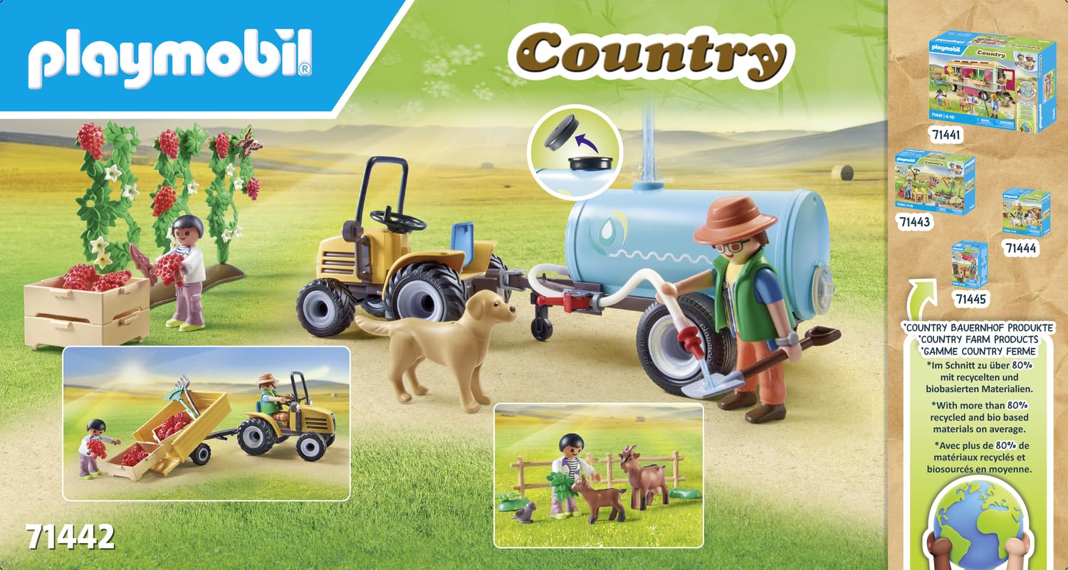 PLAYMOBIL Country 71442 Traktor z przyczepą i zbiornikiem na wodę, świeże zbiory w gospodarstwie rolnym, nauka o środowisku. Zabawne odgrywanie ról, zabawki dla dzieci w wieku od 4 roku życia