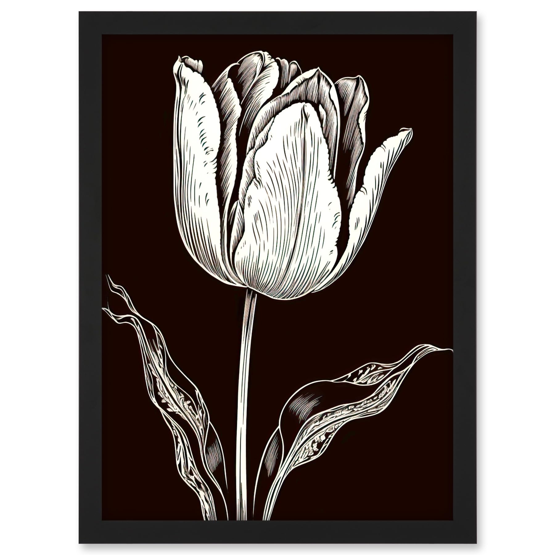 Artery8 Tulip Flower Black and White Contour Folk Art Artwork Framed A3 Wall Art Print