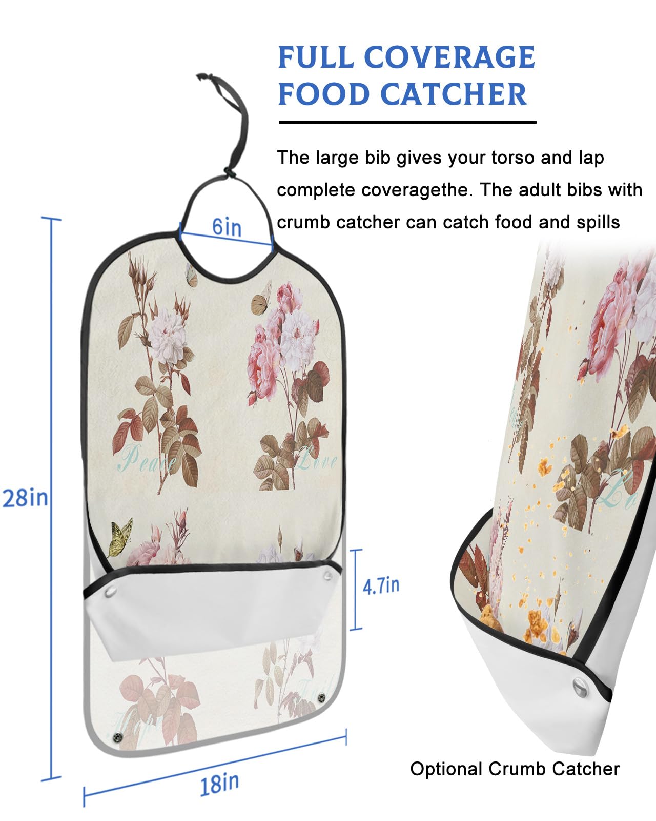 Kewadony Adult Bibs for Elderly Women - Spring Florals Waterproof Dining Clothing Protectors with Crumb Catcher for Eating/Feeding, Vintage Flowers Splicing Terry Cloth Bib Machine Washable
