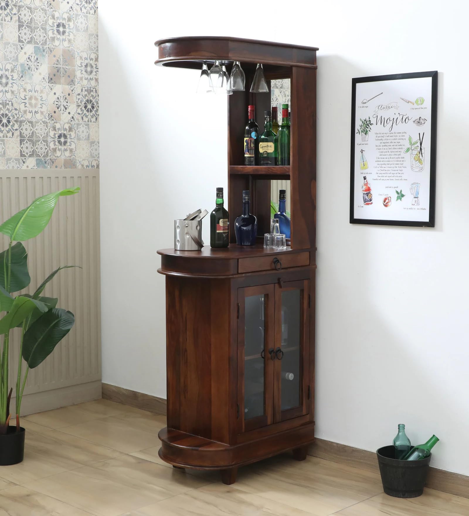 Solid Sheesham Wood Bar Cabinet – No Assembly Required | Wooden Mini Home Bar Unit with Glass Holder & Storage | Wine & Drinks Cabinet for Living Room | Modern Bar Furniture (Natural Finish)