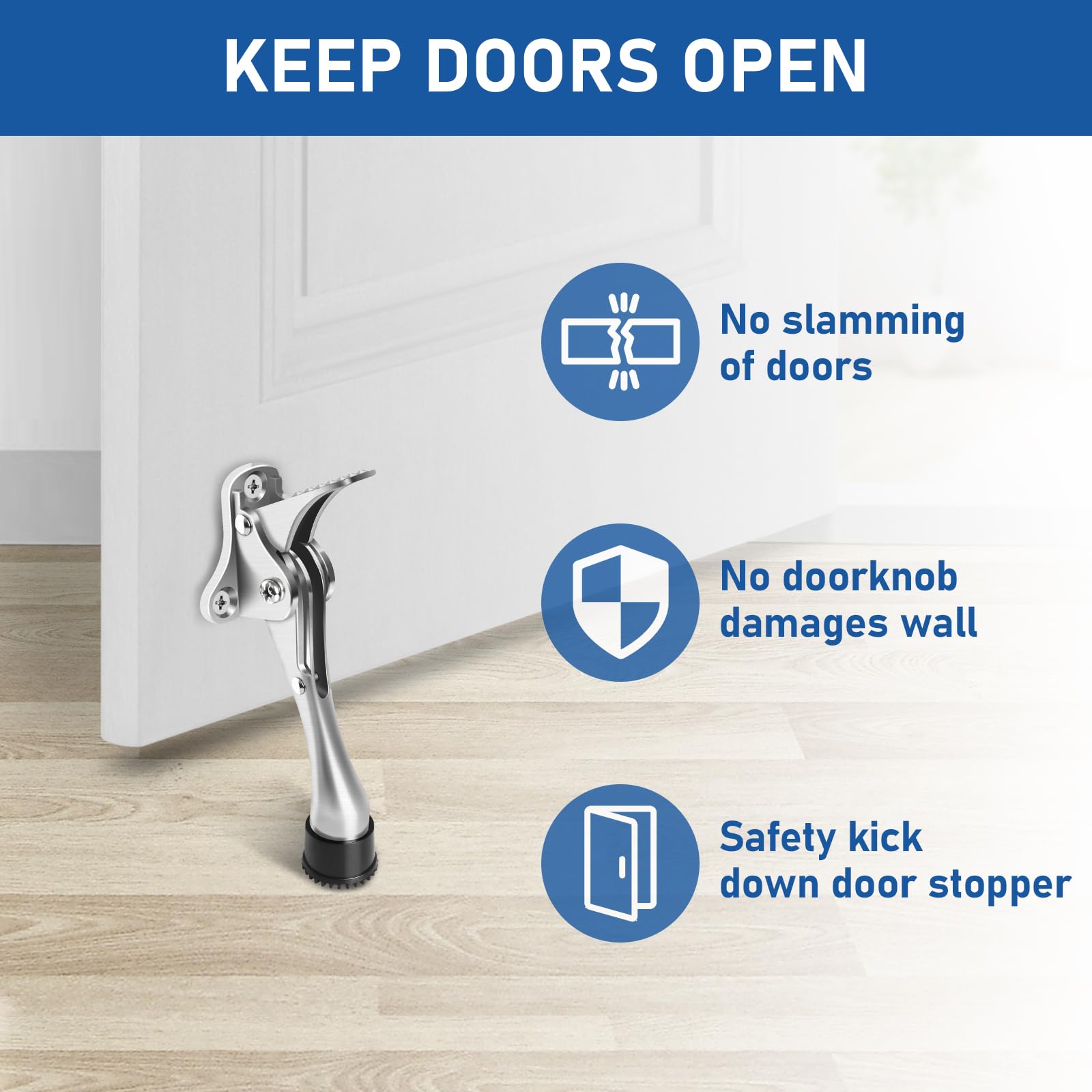 4 Pack Kickdown Door Stoppers 6 Inch Heavy Duty Indoor Door Stops One Touch Doorstop with Non-Slip Rubber Tip, Brushed Nickel - Image 4