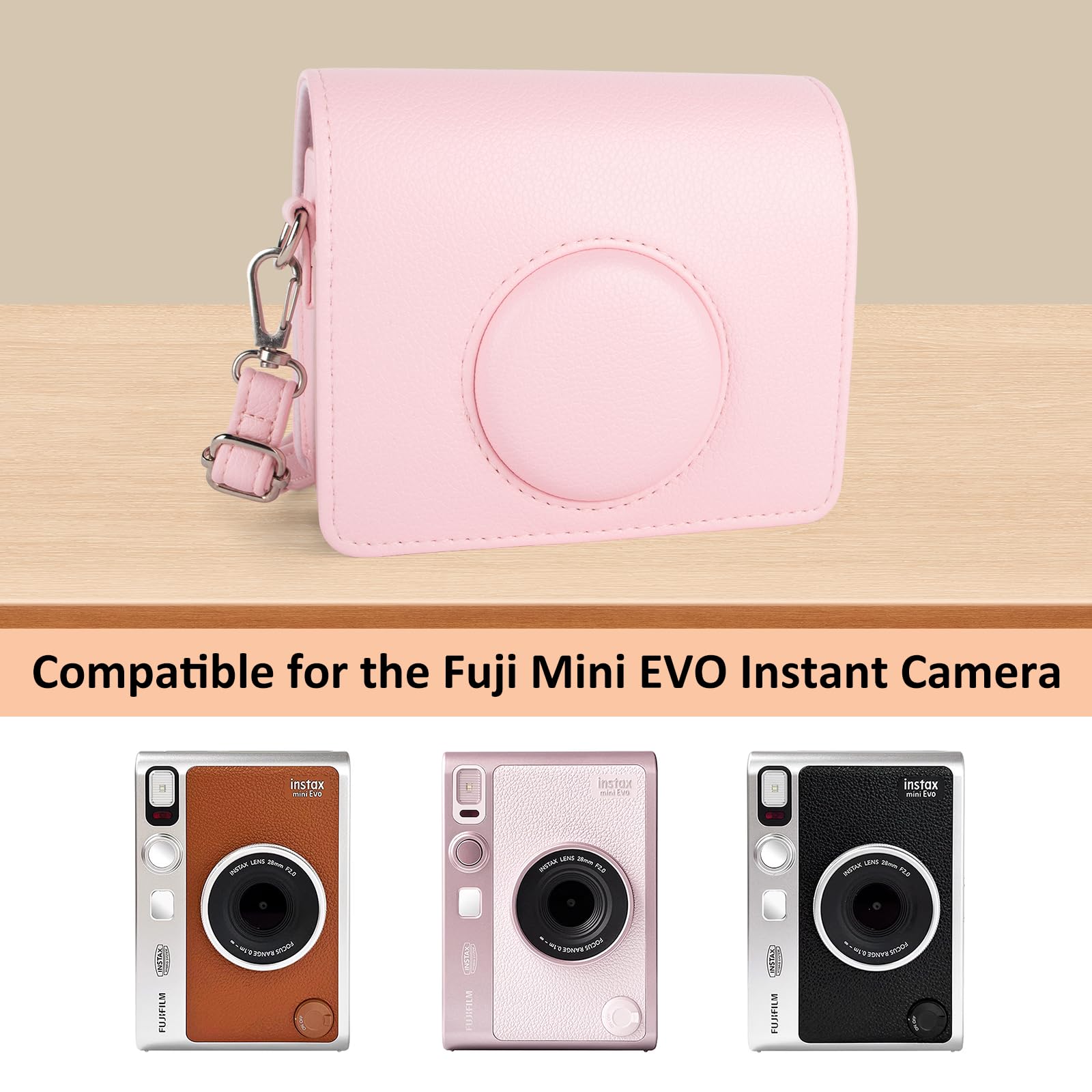 MUZIRI KINOKOO Pokrowiec na aparat Fuji Mini Evo, etui ochronne ze skóry PU kompatybilne z Fuji instant, z paskiem na ramię – kolor miękki różowy, nowoczesny design